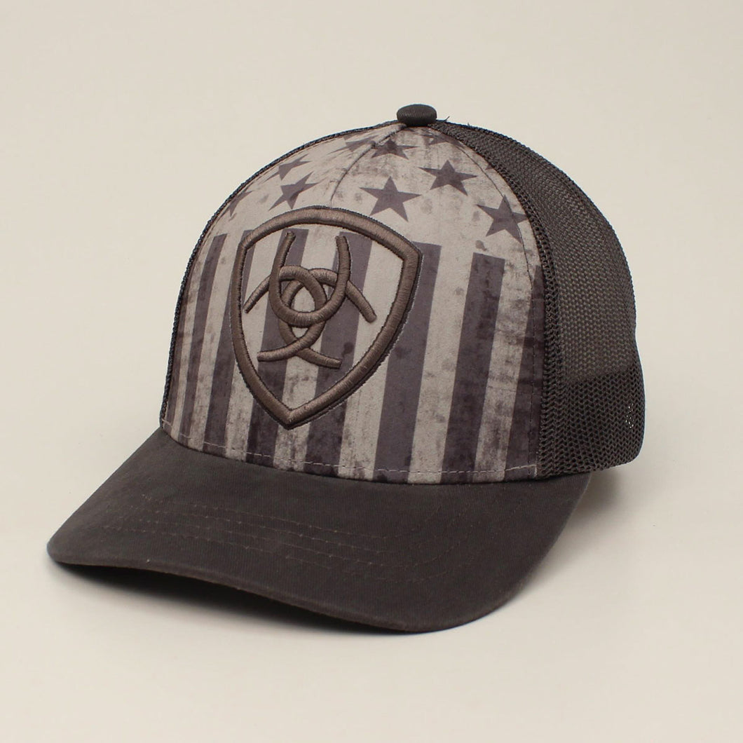 Pard's Western Shop Men's Grey USA Flag with Embroidered Ariat Sheild Snap Back Ballcap