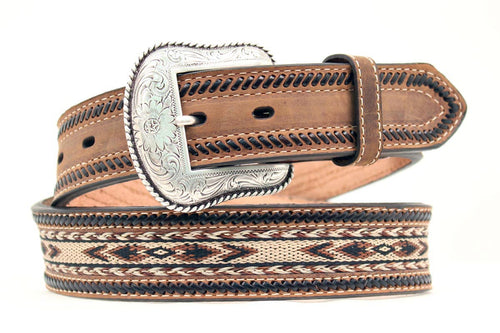Pard's Western Shop Men's Brown Laced Belt with Braiding and Aztec Embroidered Inlay from Nocona Belt Company