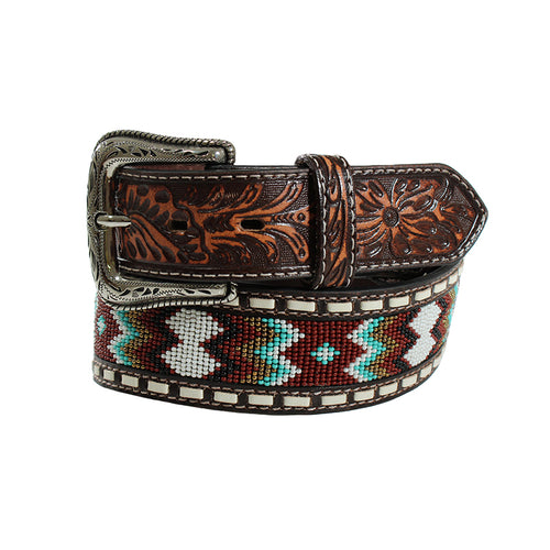 Pard's Western Shop Ariat Brown Floral Embossed and Beaded Belt