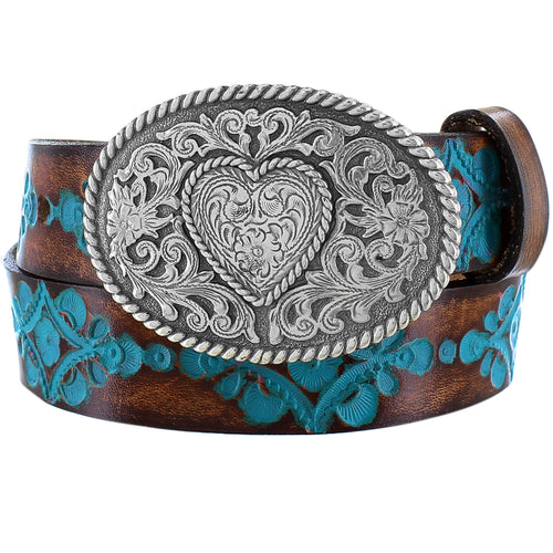 Pard's Western Shop Justin Brown/Turquoise Floral Hope Belt with Tooled Heart Buckle for Girls