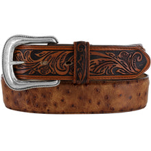 Pard's Western Shop Tony Lama Men's Rustic Ostrich Print Belt with Floral Tooled Overlay