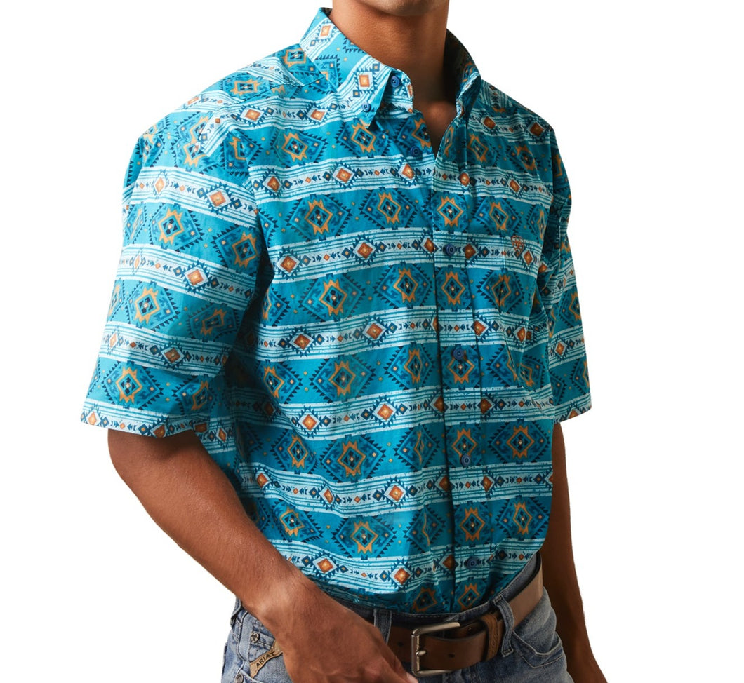 Pard's Western Shop Ariat Boy's Konner Blue Aztec Print Short Sleeve Button-Down Classic Fit Shirt